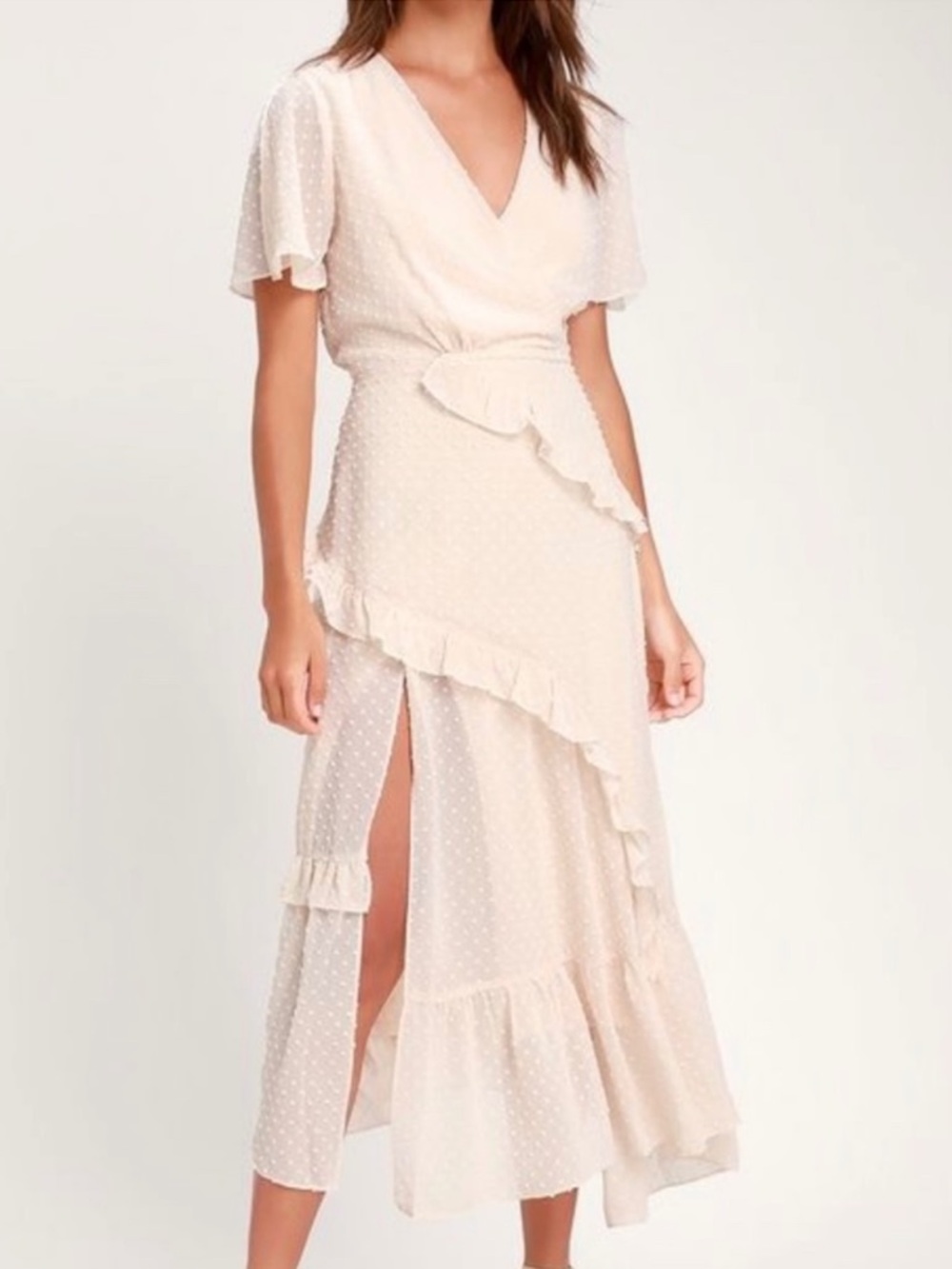 Lulu's Cream Swiss Dot Wrap Dress